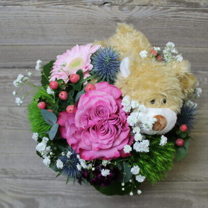 Arrangement in Basket with Mielo Teddy